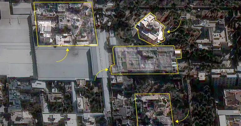 ক্ষেপণাস্ত্র হামলার পর কমপ্লেক্সের বিভিন্ন ভবনে ধ্বংসস্তূপ ও ক্ষয়ক্ষতির চিত্র